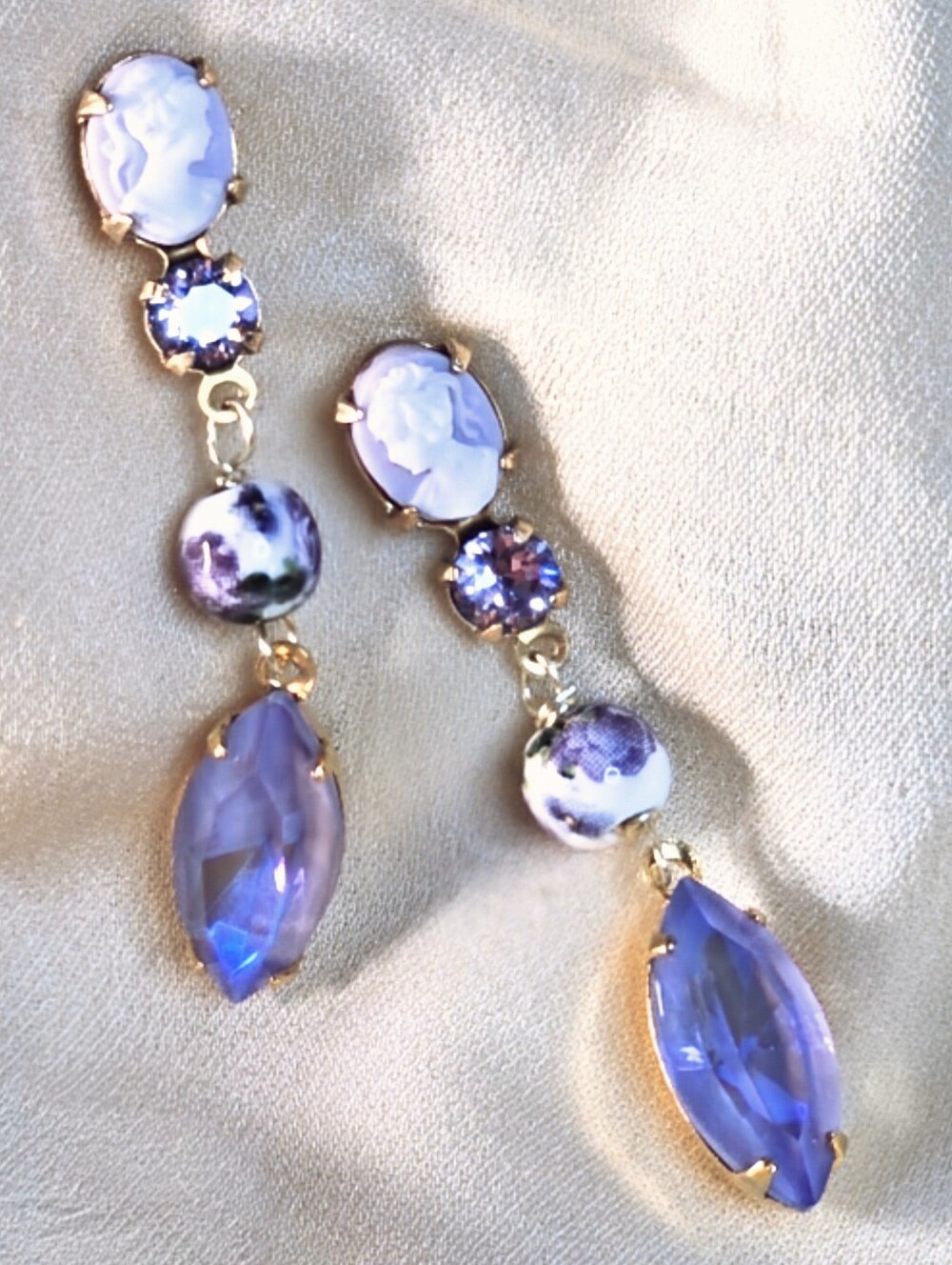 Victorian Lavender Swarovski Crystals Cameo in Gold Plated Artisan-Made Earrings